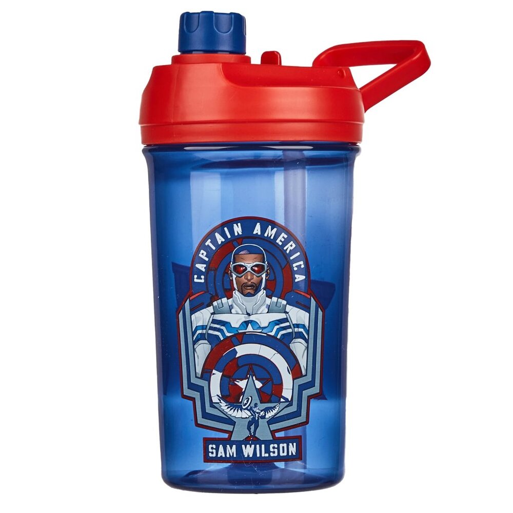 Marvel Captain America Reusable Plastic Blue Water Bottle Flip Top Straw NEW